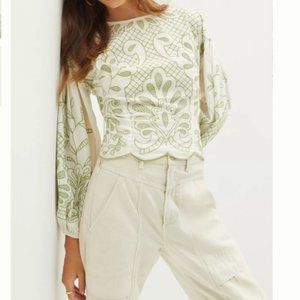 Anthropologie Puff-Sleeve Embroidered Blouse, M NWT
